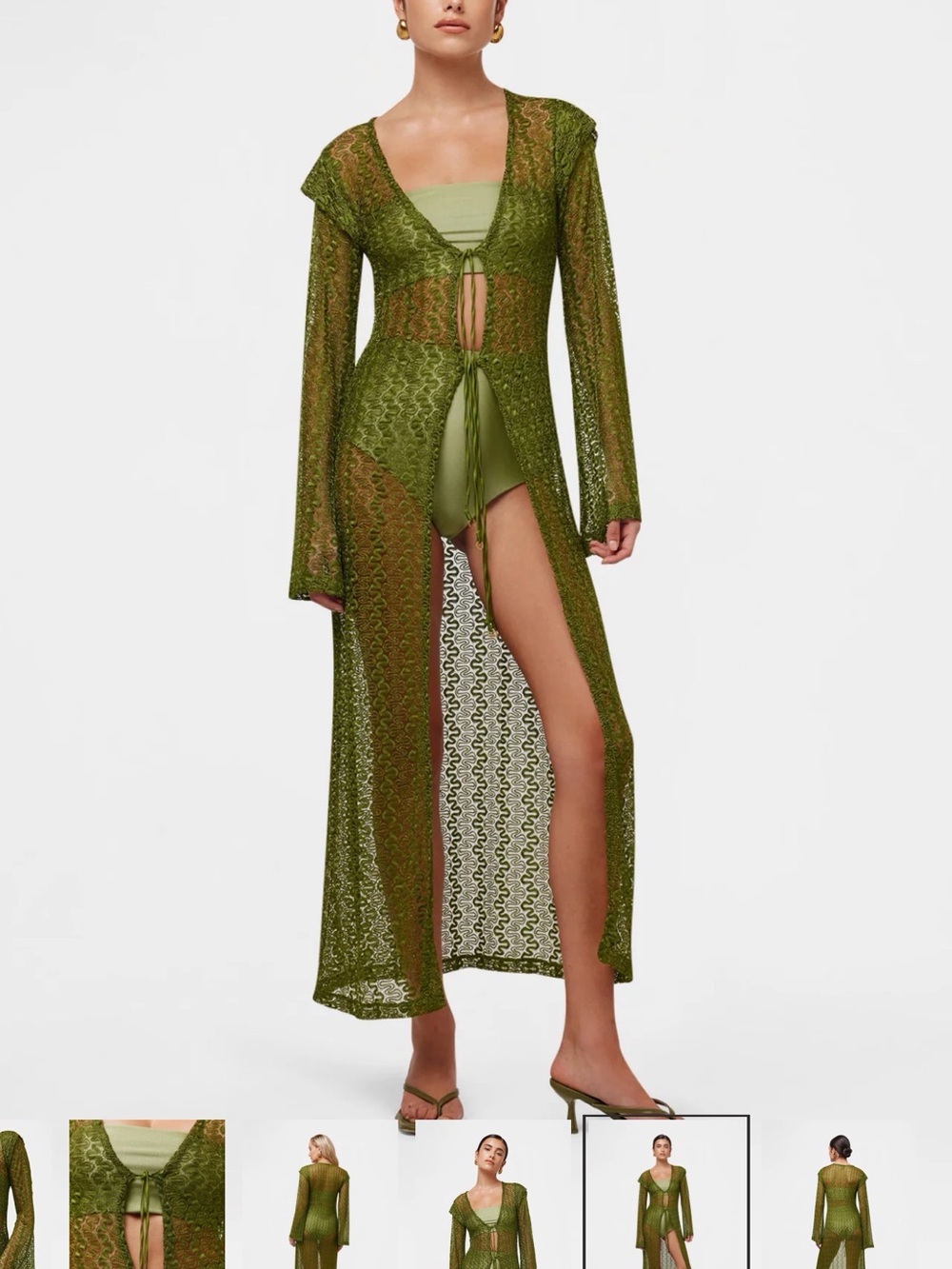 Olive Green Crochet Long Sleeve Swim Cover-Up